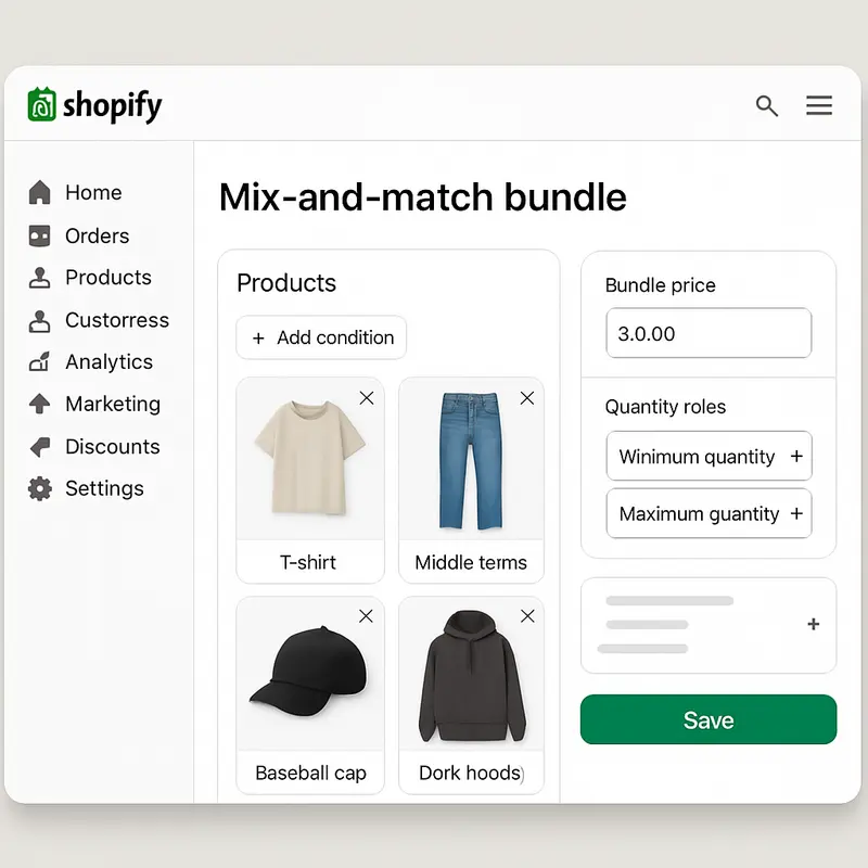 A Shopify dashboard displaying editable settings for mix-and-match bundles to enhance customer flexibility.