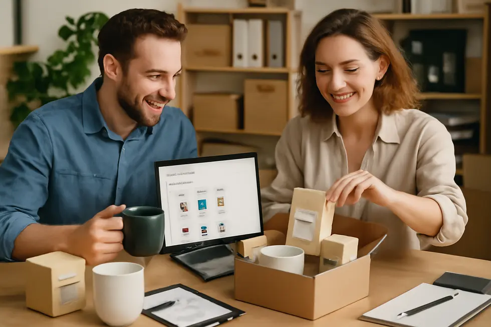 Merchants working collaboratively to set up personalized Mix & Match bundles with diverse products and software tools displayed.