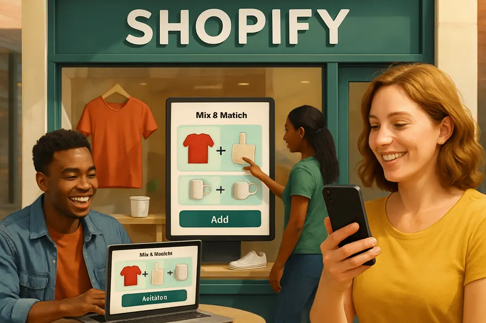 Illustration of a Shopify storefront displaying Mix & Match Bundles with customers interacting across devices.