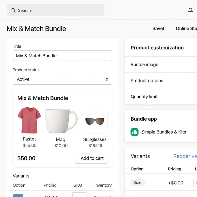 The backend view of a Shopify merchant setting up customizable mix and match bundles using apps and tools.